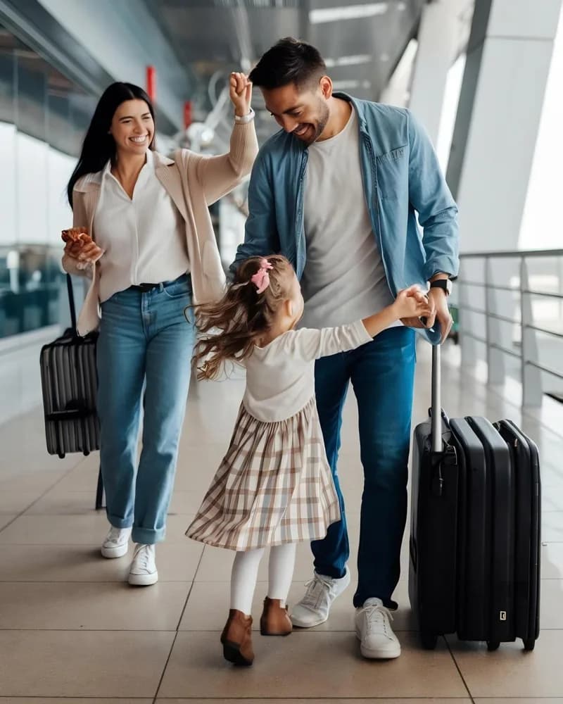 Família com uma criança pequena atravessando o saguão do aeroporto com as malas